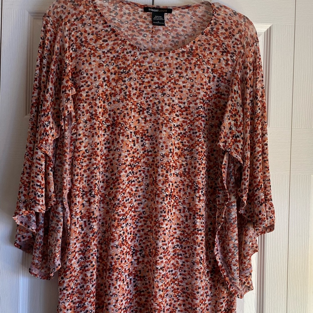 Women's Robert Louis Blouse Semi-Sheer Flare Sleeve Red Black Pink Polka Dots L